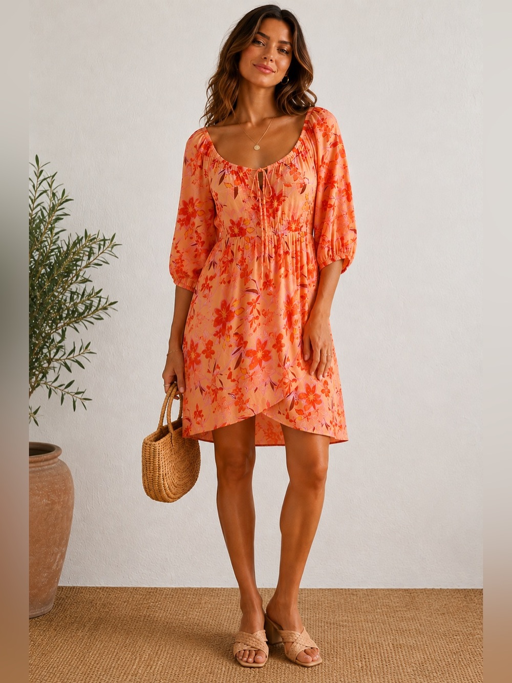 Shore Floral Peach Orange Balloon Sleeve Boho Short Dress Size M